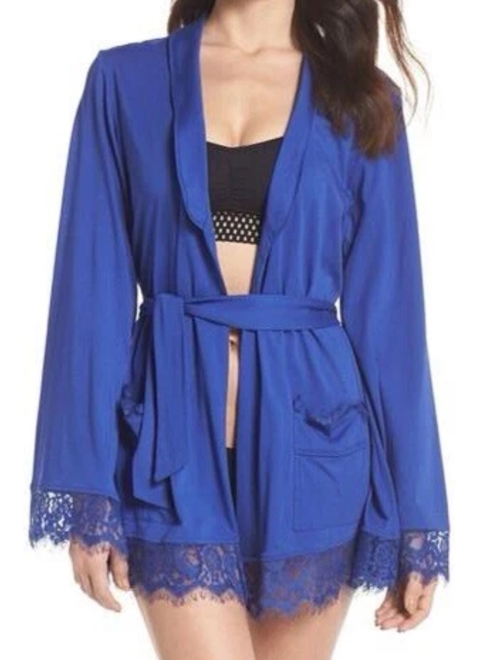 Free People Royal Blue Lace-Trim Wrap Robe with Belt
